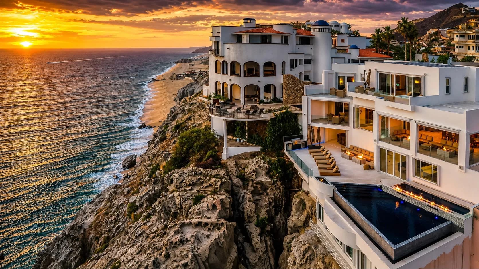 Villa Lands End terraces on the Pedregal cliffs above the Pacific at sunset