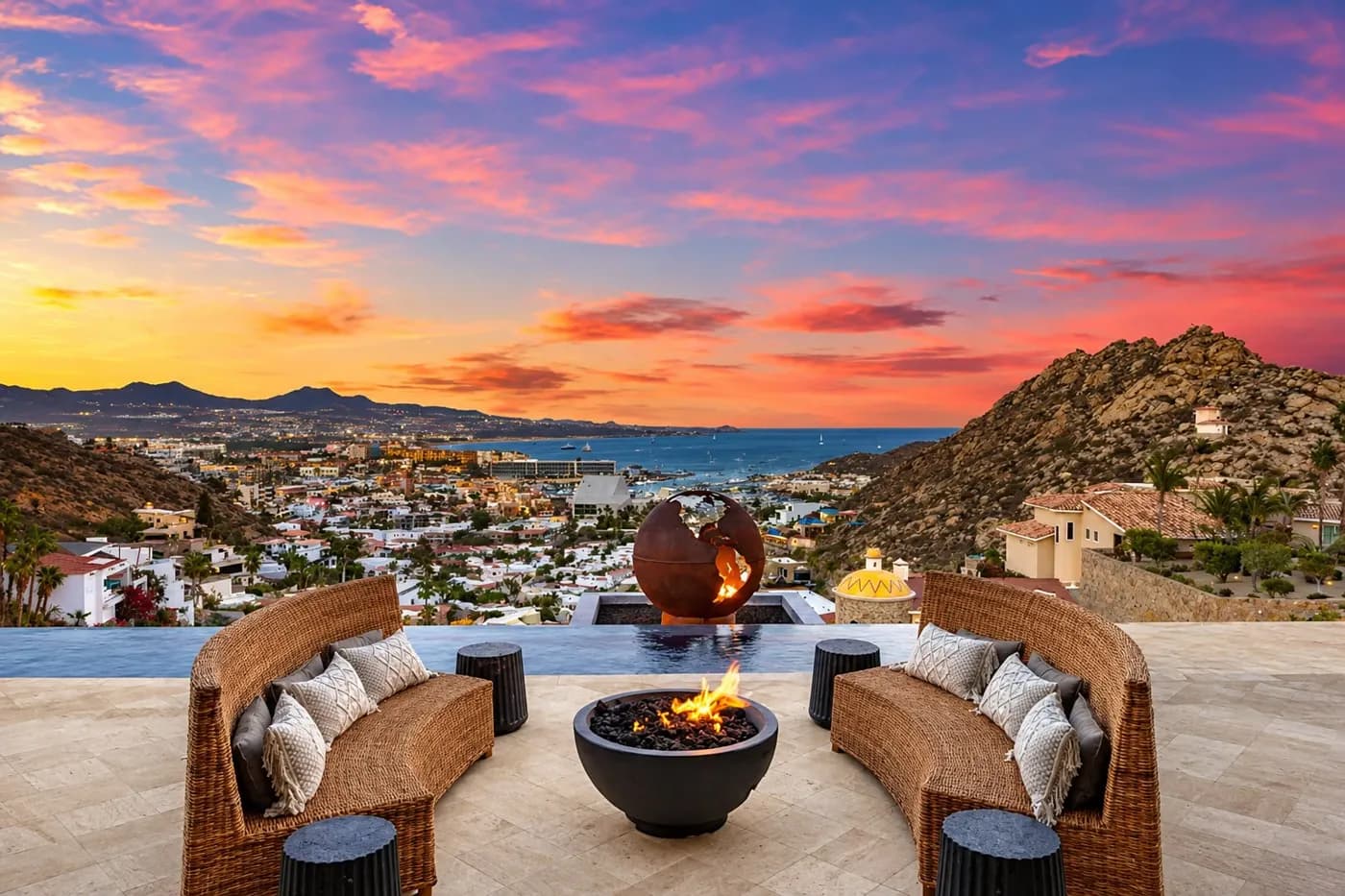 VIP Marina Mansion fire-pit terrace with marina and ocean views